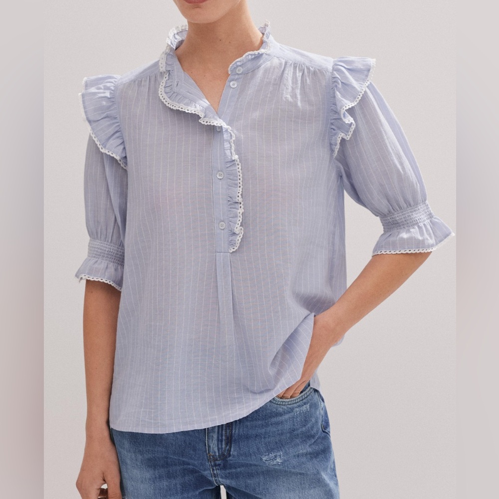 ME+EM Light Blue Striped Ruffle Blouse